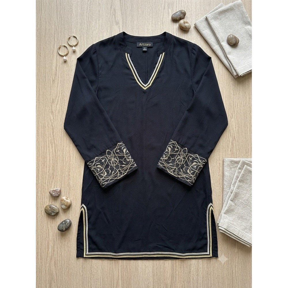 Artizara Black Tunic Top Gold Embroidered Cuffs Metallic Trim Womens XL
